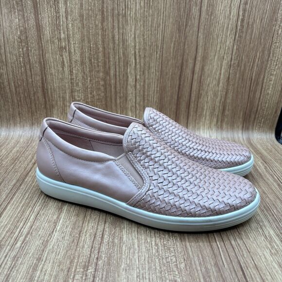 ECCO SOFT 7 WOMEN’S EU 42 US 11-11.5 CASUAL SLIP-ON PINK SHIMMER WOVEN LEATHER - Picture 1 of 8